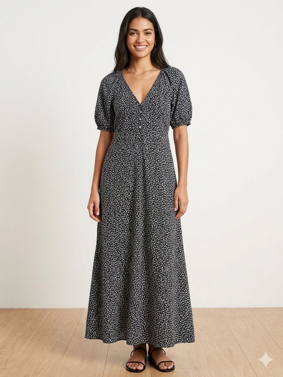 Old Navy Dresses & Skirts - NWT Old Navy Navy Ditsy Floral Puff Sleeve Maxi Swing Dress Size Large